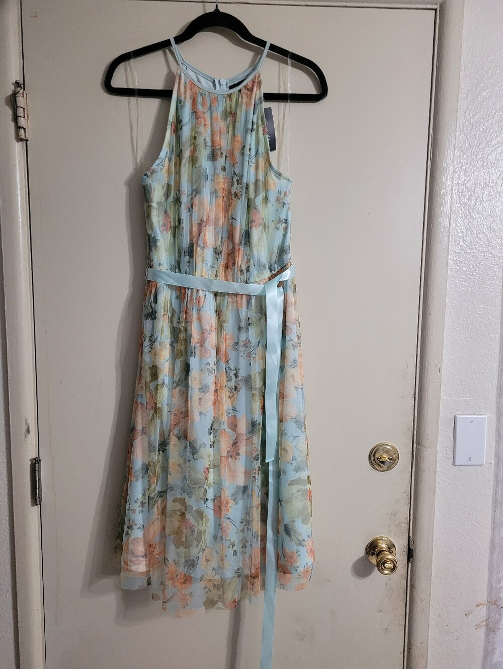 Candalite Light Blue Floral Halter Midi Dress with Satin Waist Tie, Size L, New